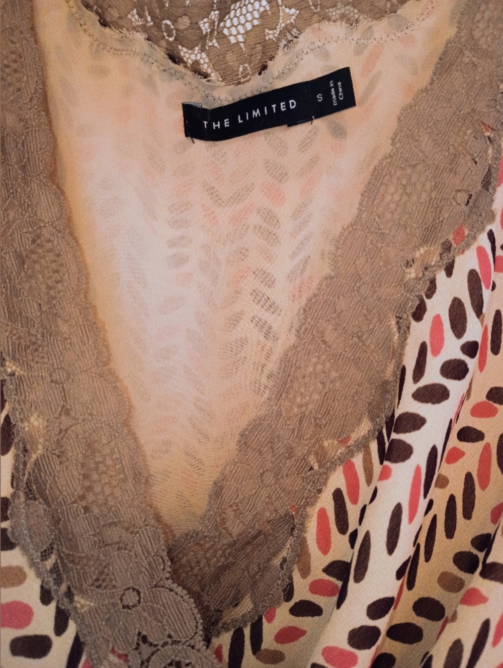 Silk Blouse Lace Trim. Pink, Tan & Brown with Sash Bow - Picture 3 of 13